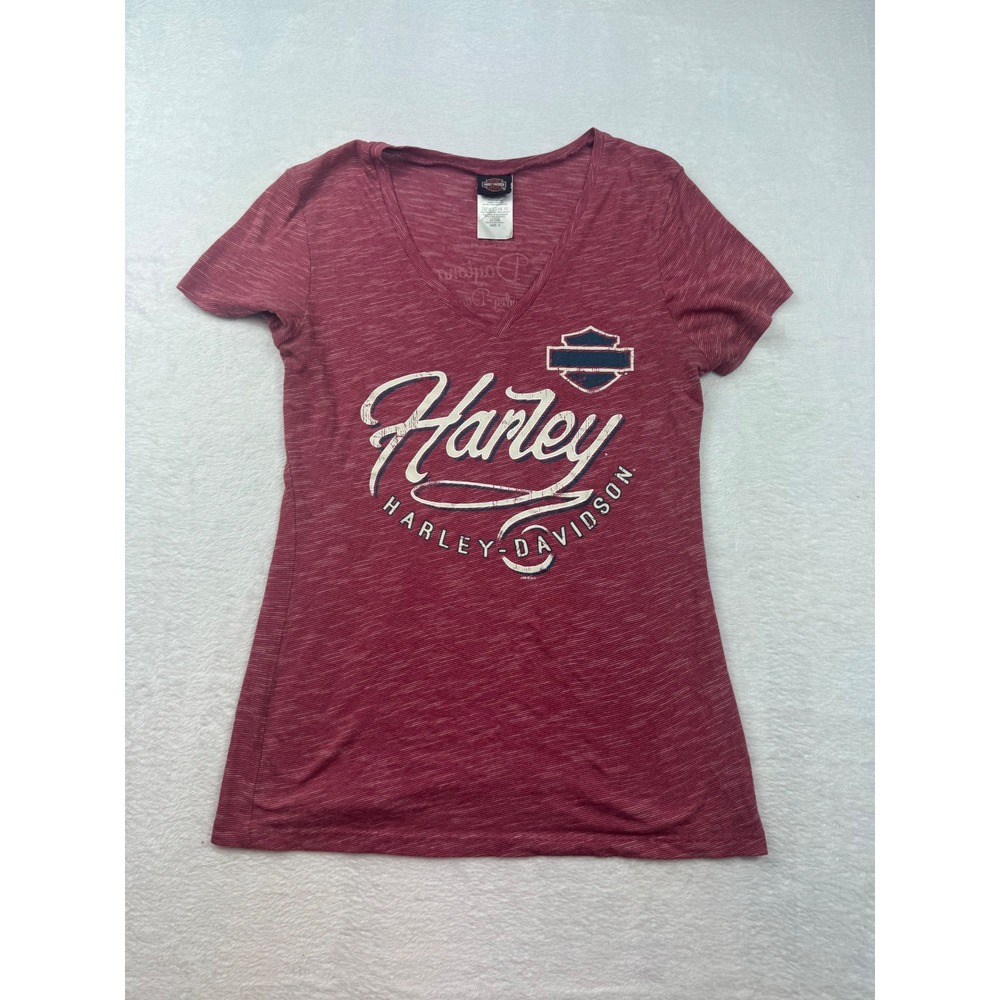 Harley Davidson Womens V-Neck Graphic T-Shirt Red Daytona Beach Eagle Small